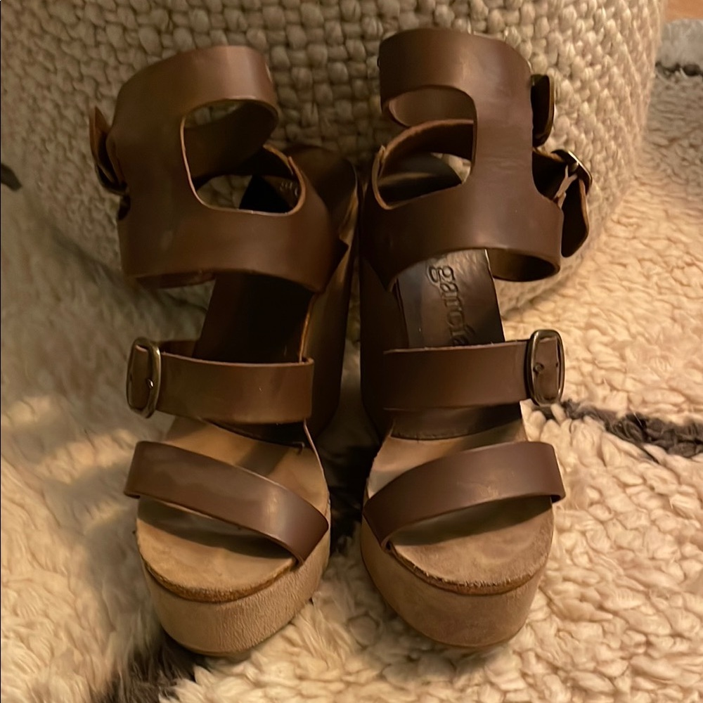 Pedro Garcia Brown Leather Wedge Gladiator Sandals with Suede Platform